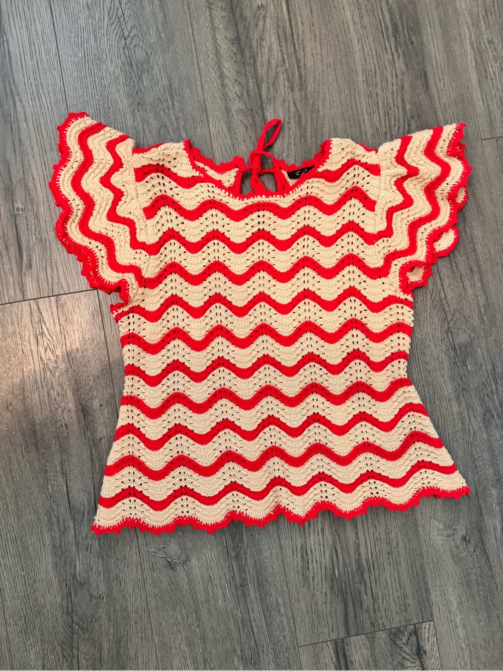 Rails Coen Crochet Flutter Sleeve Top Cherry Oat Stripe Red Cream M